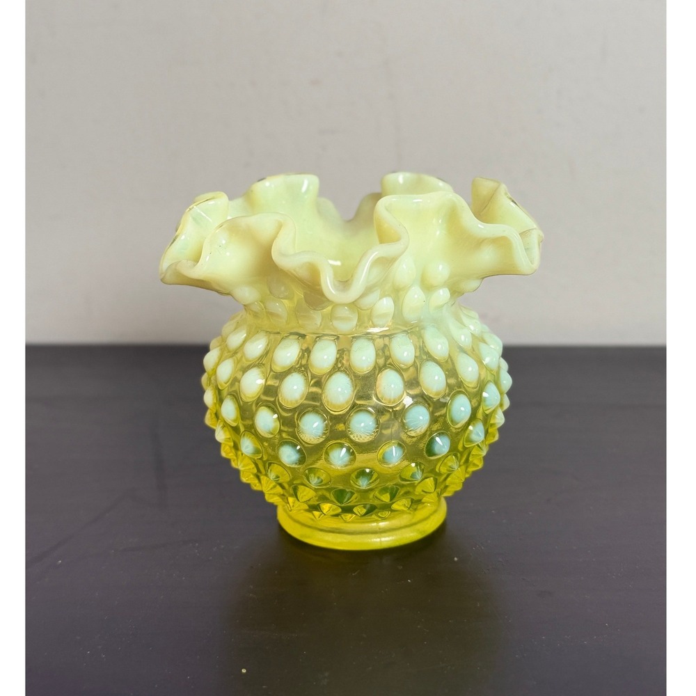 Fenton Topaz Opalescent Uranium Glass Hobnail Ruffled Vase Vintage Vaseline